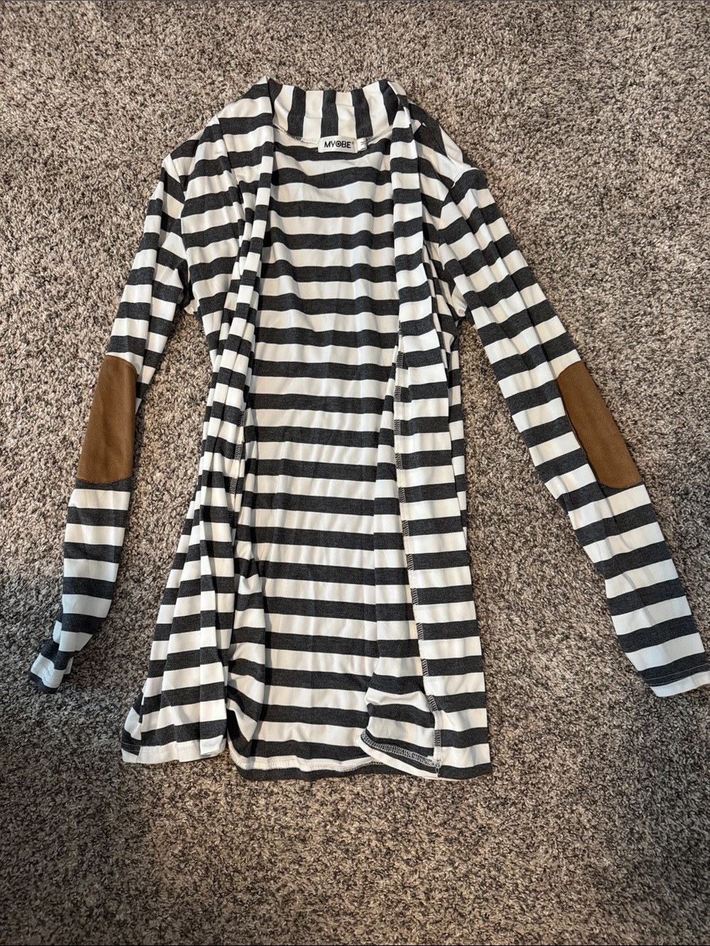 Black & White Striped Long Sleeve cardigan with Brown Elbow Patches